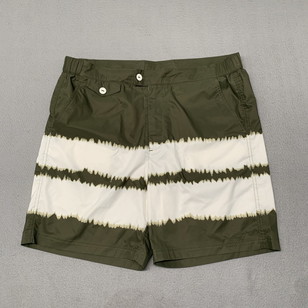 Brooks Brothers Newport Swim Trunks Mens L Large Olive Green Tie Dye Stripe NWOT